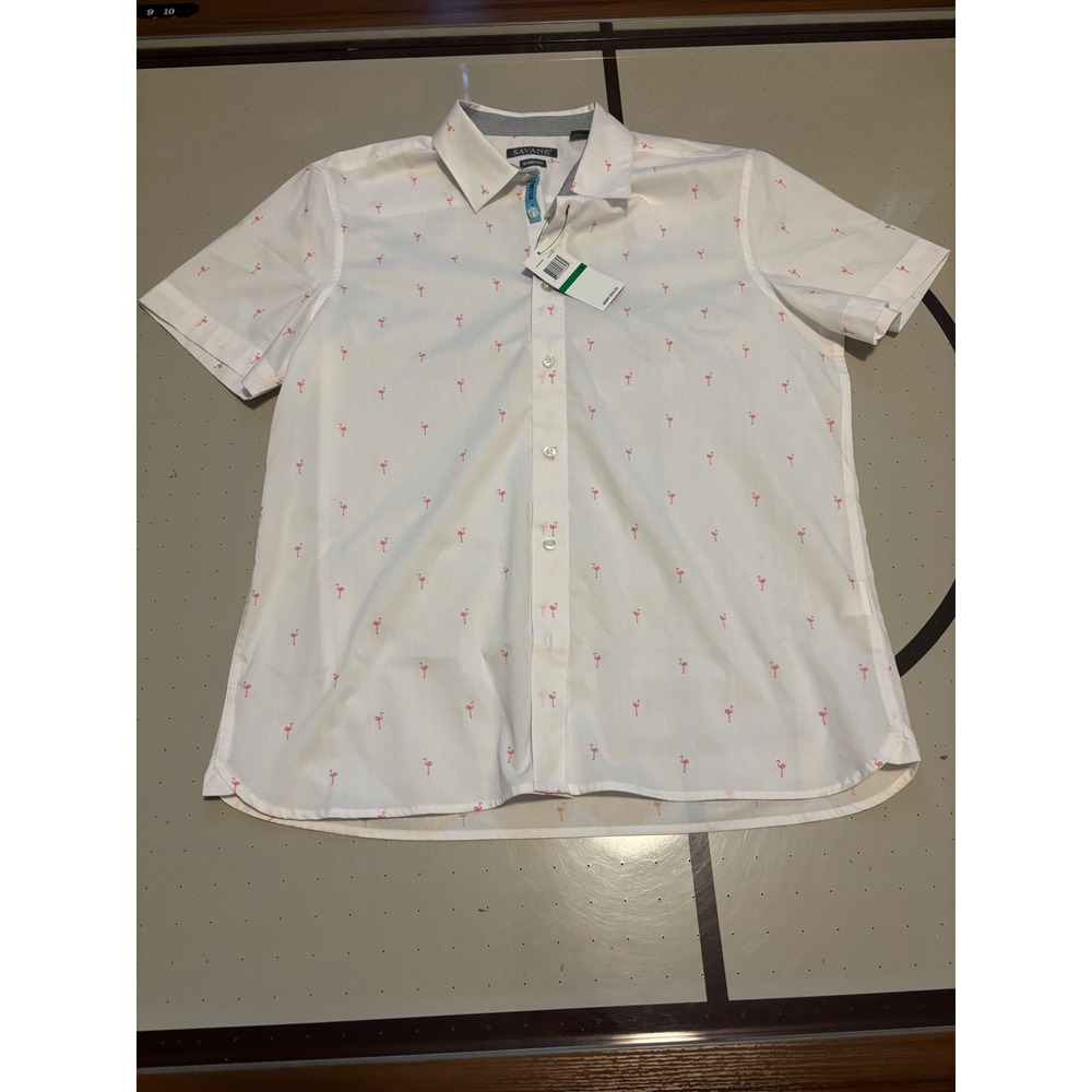 101 Savage Mens White Pink Flamingo Print Short Sleeve Stretch Button Down L